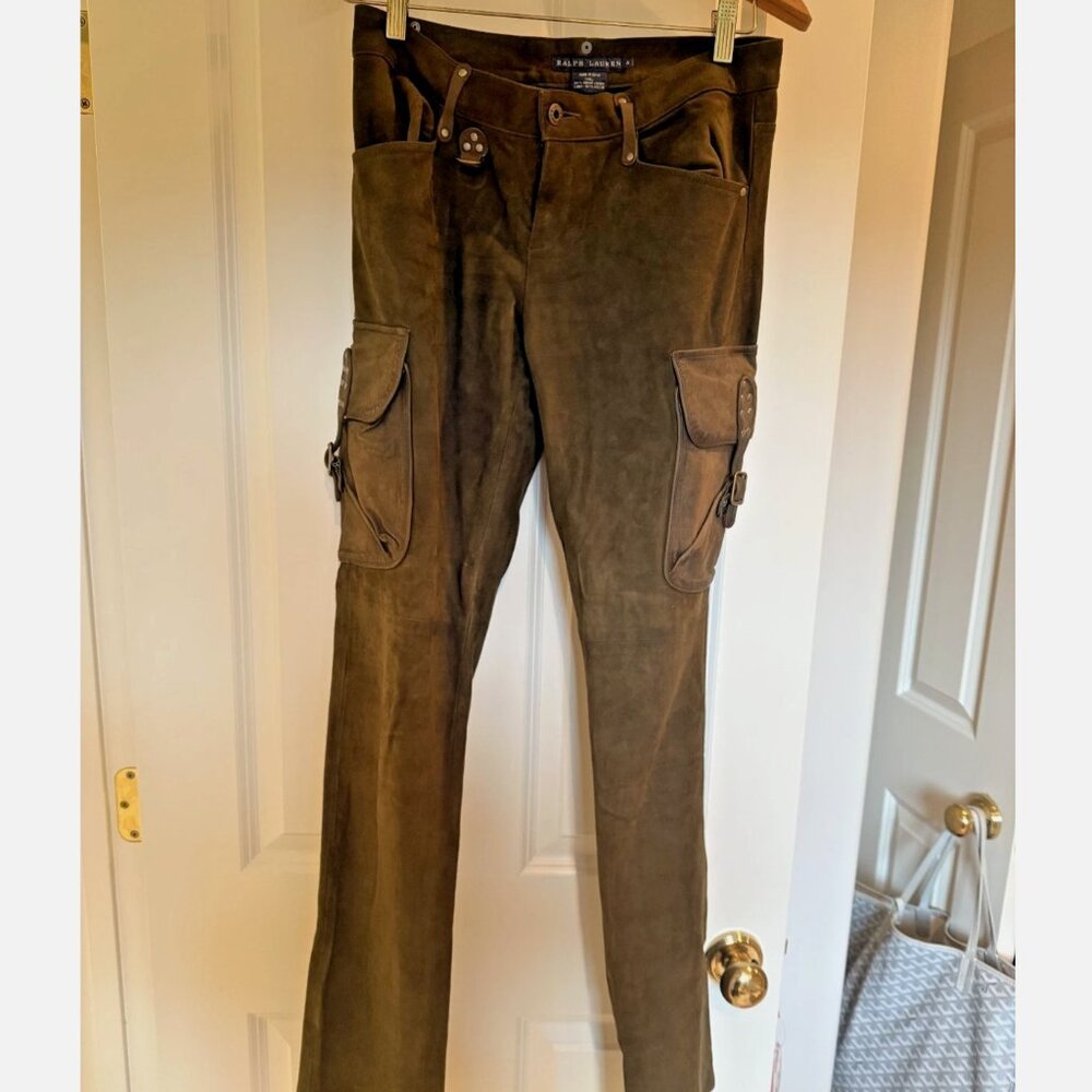 Ralph Lauren Suede Leather Woman’s Pants Green Olive Cargo US Size 4 Small